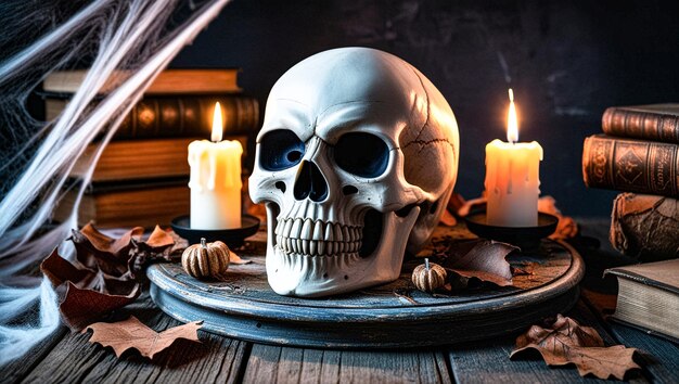 Photo a skull sits on a table with candles in the background