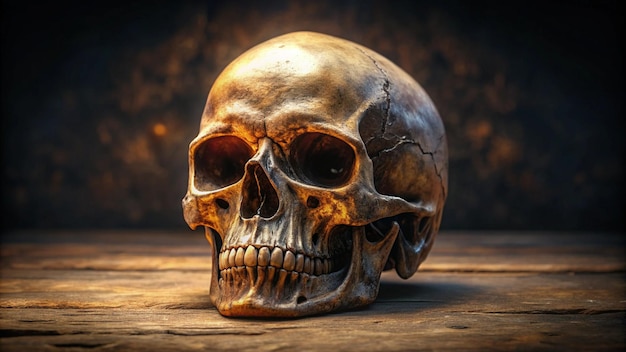 Photo a skull sits on a table with a dark background