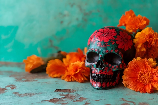 Photo a skull sitting on top of a table next to orange flowers