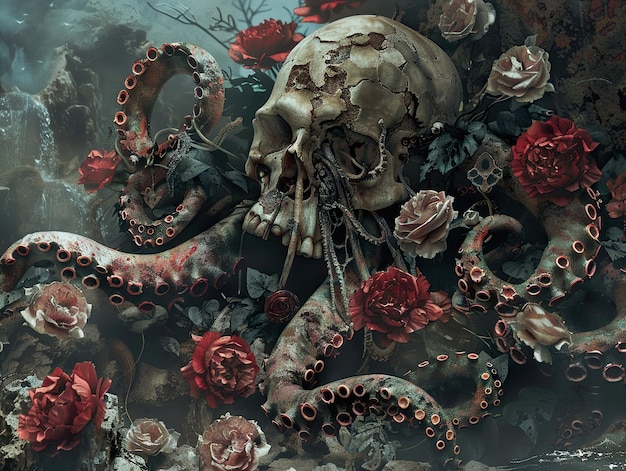 a skull and a skull are surrounded by flowers