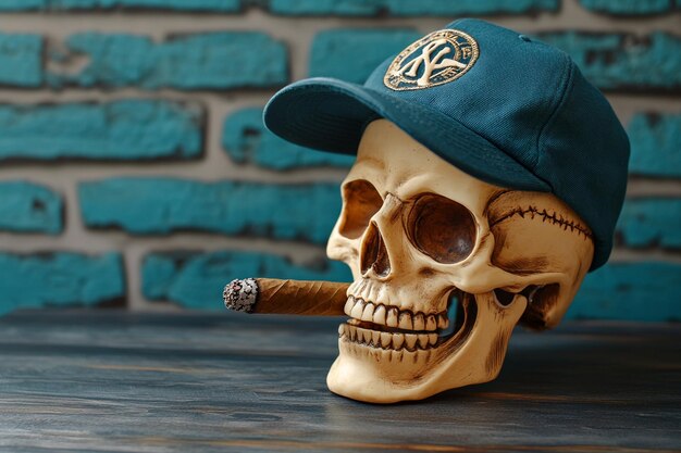 Photo skull smoking cigar in baseball cap