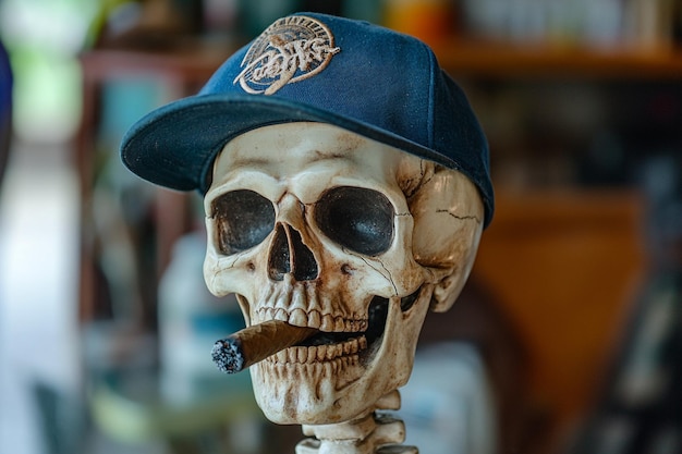 Photo skull smoking cigar in baseball cap