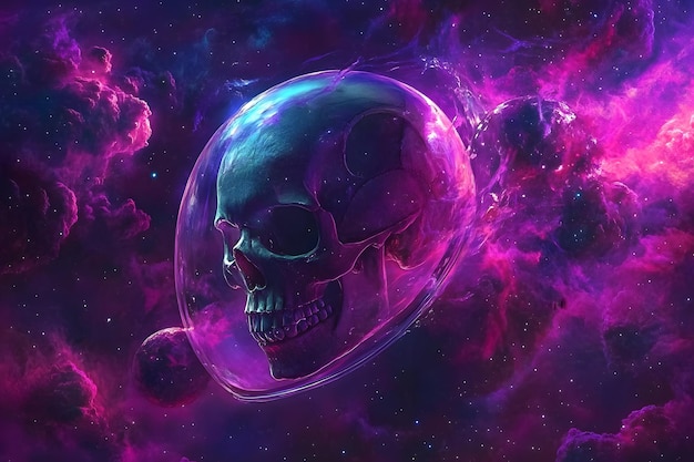 Photo a skull in a space with a purple planet in the middle