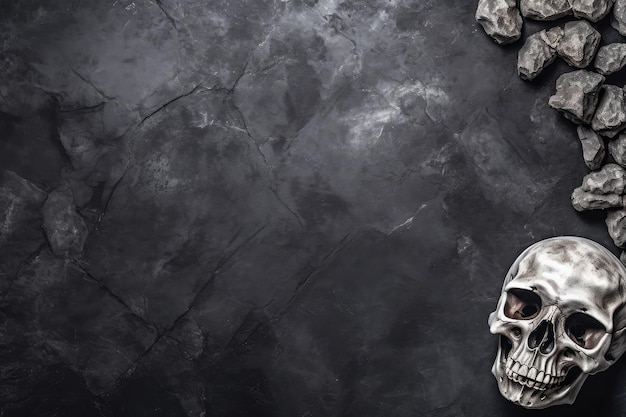 Skull and stone on black background Halloween concept Copy space