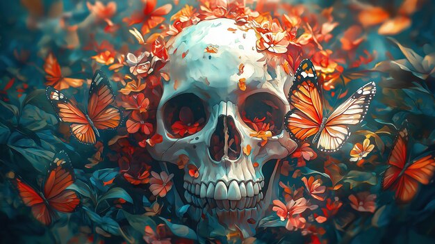 Skull Surrounded by Butterflies and Flowers in Nature