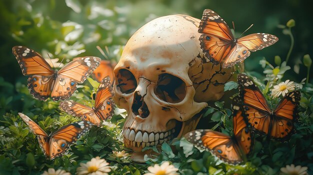 Skull Surrounded by Butterflies in Nature Scene