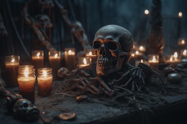 A skull surrounded by candles and candles in a dark graveyard.