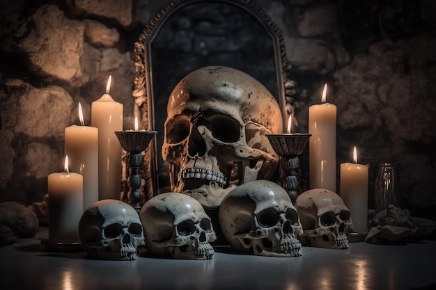 A skull surrounded by candles and a mirror