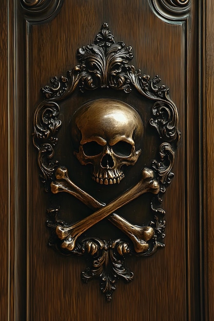 a skull and swords on a wooden door