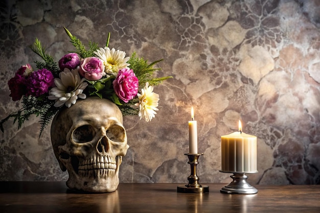 Photo skull and vase on table with candle holder and marble wallpaper