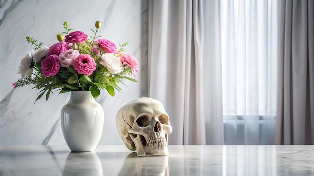 Photo skull and vase with flowers on marble table with curtain in background