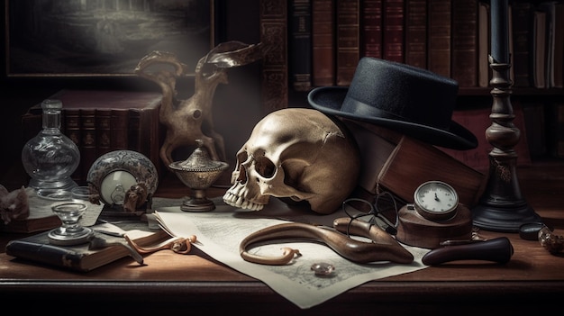 A skull and a watch on a desk