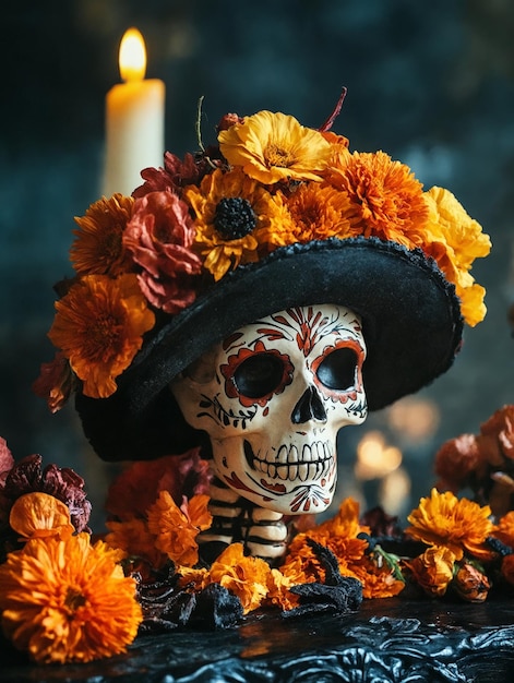 A skull wearing a hat with flowers and a candle