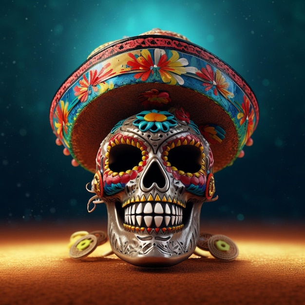 Skull wearing a mexican sombrero