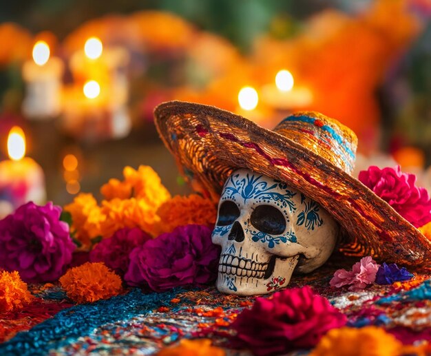 A skull wearing a sombrero sitting on top of a colorful blanket