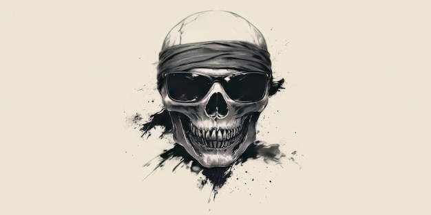 Photo skull wearing sunglasses and bandana with black ink splashes