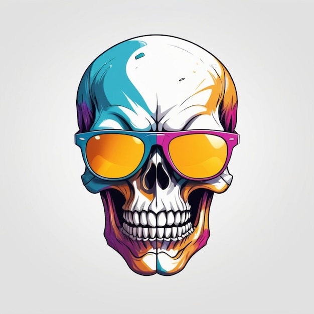 a skull wearing sunglasses with a purple and blue band on it