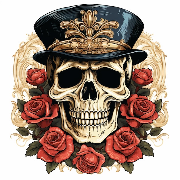 skull wearing a top hat with roses around it generative ai