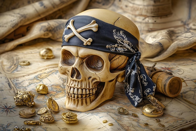 Photo a skull with a bandana on it is next to a skull and gold coins