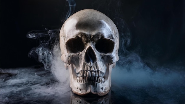 a skull with a black background and a smoke trail behind it