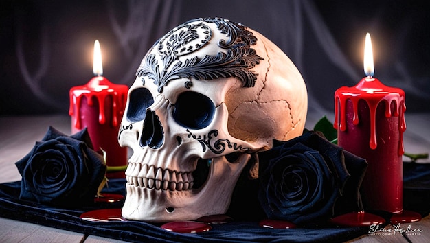 Photo a skull with a black flower on it sits next to a skull with a black ribbon