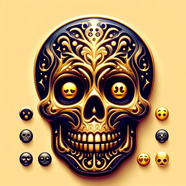 a skull with a black and gold design on it