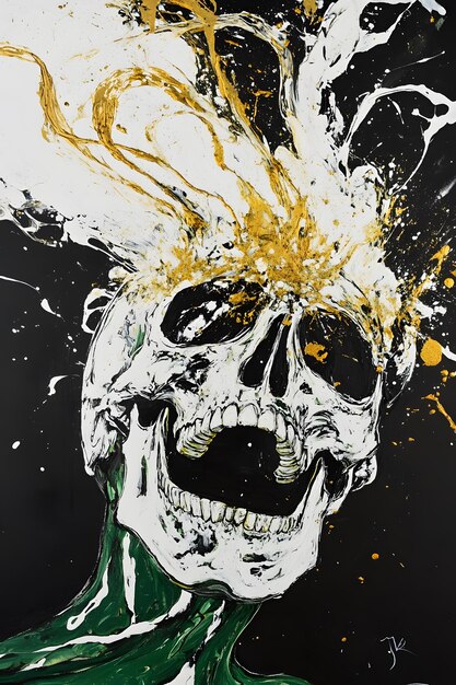 Photo a skull with a black and gold paint and a black background