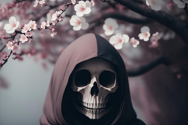 Skull with a black hood and a crown of cherry blossom flowers ai generative