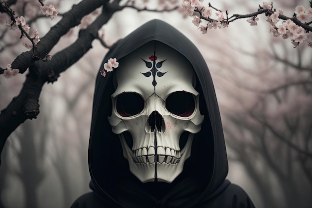 Skull with a black hood and a crown of cherry blossom flowers ai generative