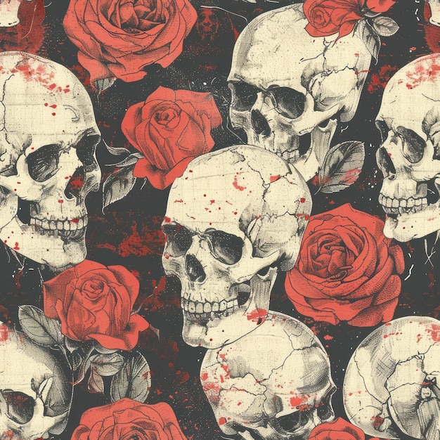 a skull with blood on it is surrounded by roses