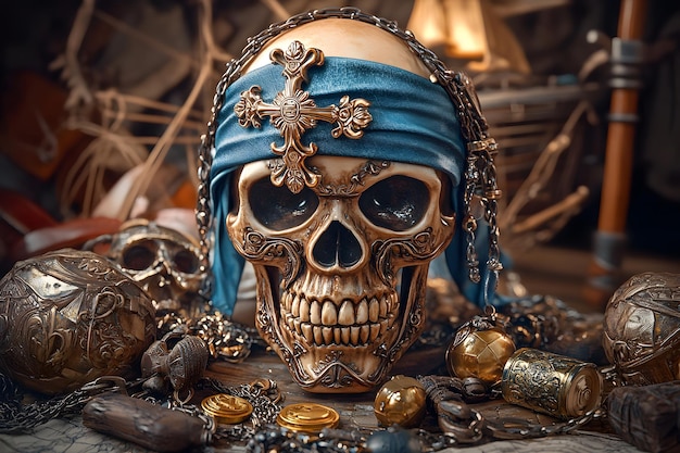 a skull with a blue bandana on it sits on a table with other items