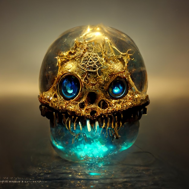 Photo a skull with blue eyes and blue glass sphere with the word skull on it.