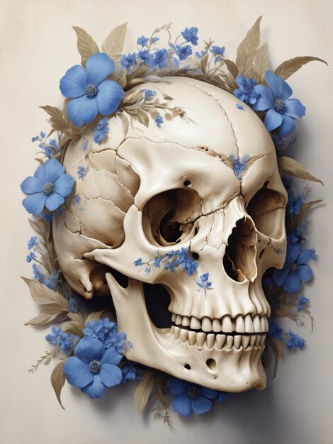 Photo a skull with blue flowers on it is decorated with blue flowers