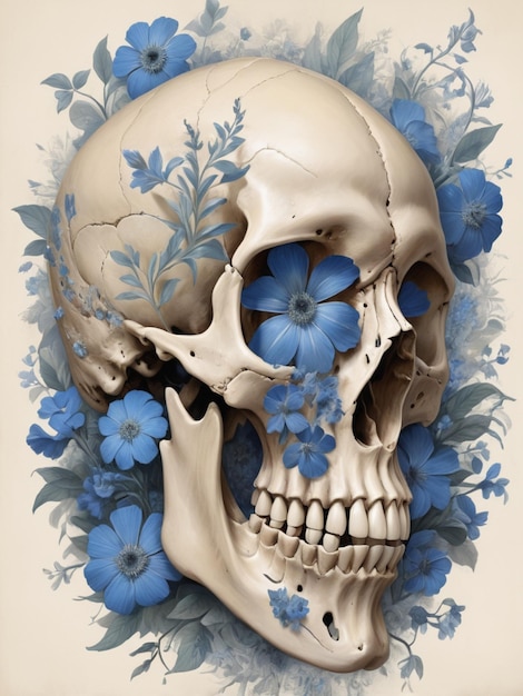 Photo a skull with blue flowers and a skull that says the name of the dead