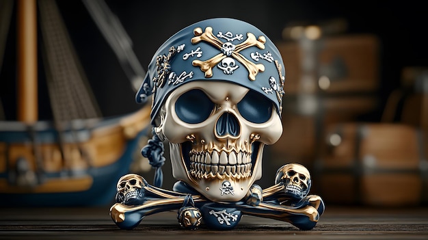 Photo a skull with a blue hat and a cross on it sits on a table