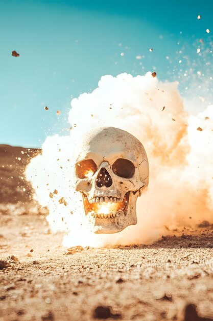 Photo a skull with a bunch of dust and a skull in the air