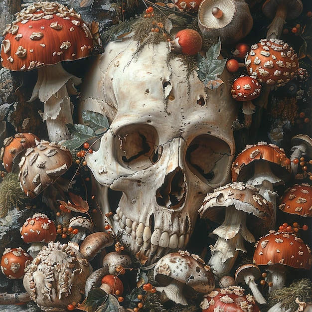 a skull with a bunch of mushrooms on it