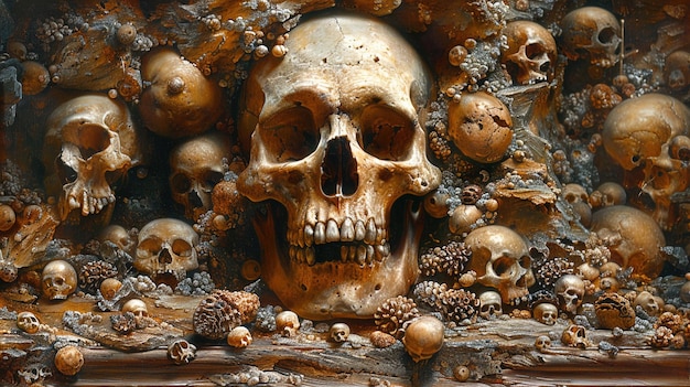 a skull with a bunch of pine cones on it