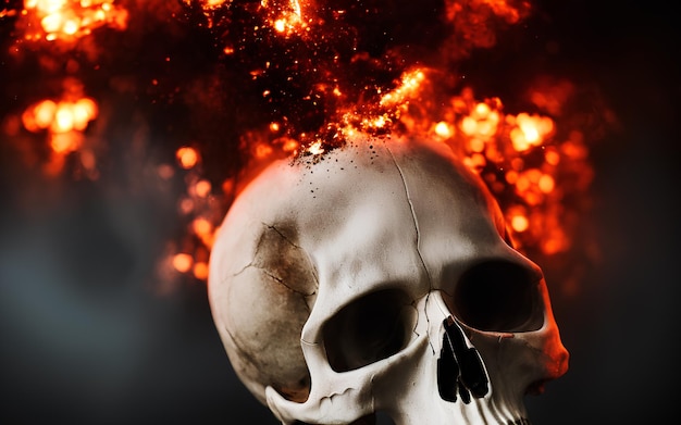 A skull with a burning fireball in the background