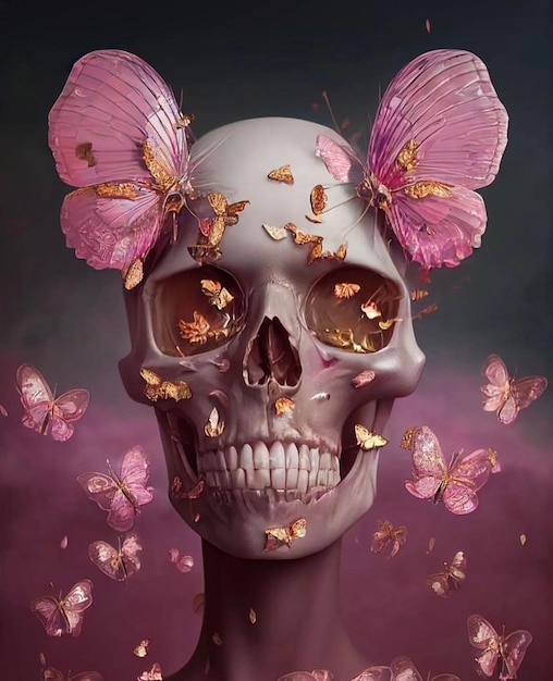 A skull with butterflies on it with a pink background and a pink background.