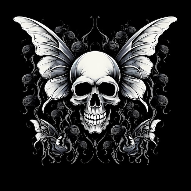 skull with butterfly wings black and white illustration