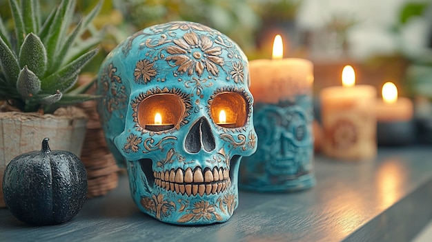 Photo a skull with a candle in the background