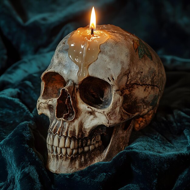 a skull with a candle on it sits on a blue cloth