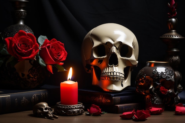 Photo skull with candle and red rose gothic still life