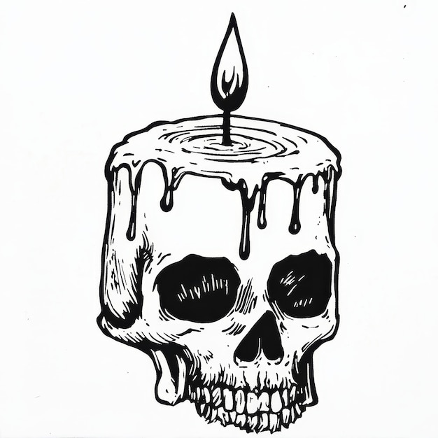 Photo skull with candle on white background ink black and white drawing