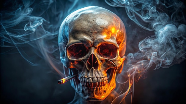 a skull with a cigarette in it and a smoke in the background