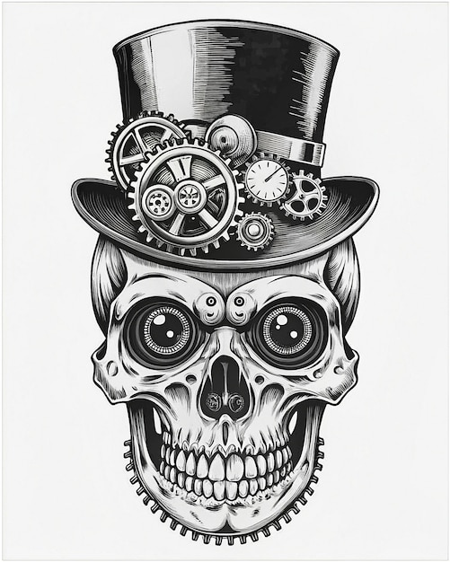 Photo a skull with clockwork mechanisms and a monocle in a bowler hat with a feather