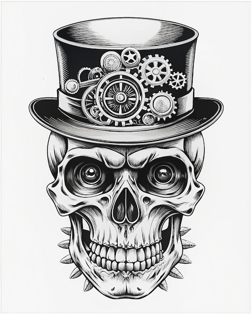 Photo a skull with clockwork mechanisms and a monocle in a bowler hat with a feather