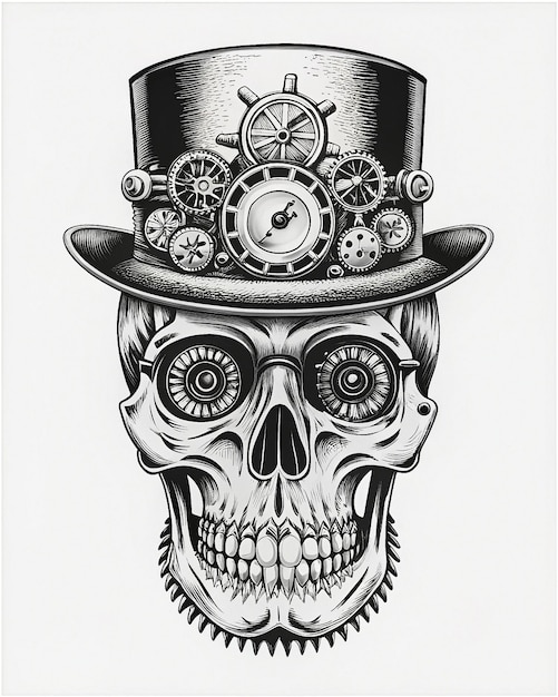 Photo a skull with clockwork mechanisms and a monocle in a bowler hat with a feather