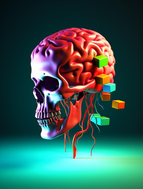 A skull with a colorful box in the middle of it